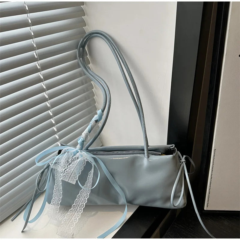 Korean Bow Ribbon Handbag Fashion Lace Square Shoulder Bag French Elegant Baguette Bag Leisure Large Capacity Tote Underarm Bag