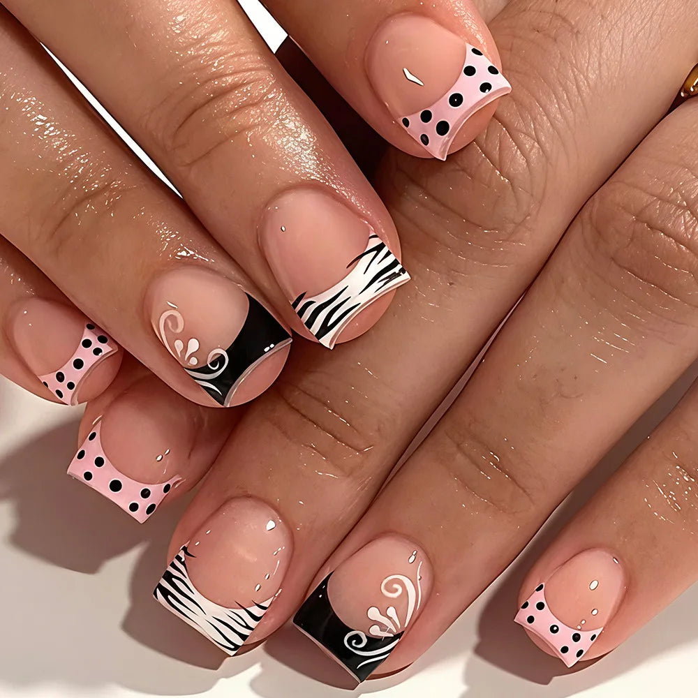 24pcs Short Square Shaped False Nails Black White Zebra-printed Polka Dot French Style Press On Nails Sweet DIY Manicure Art