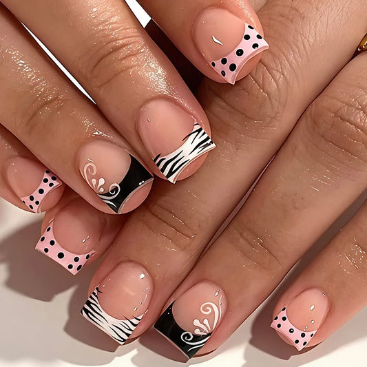 24pcs Short Square Shaped False Nails Black White Zebra-printed Polka Dot French Style Press On Nails Sweet DIY Manicure Art