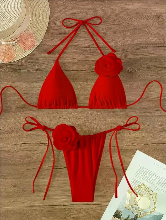 S - L Sexy 3D Flowers Halter Strappy Bikini, Swimwear Swimsuit Two-pieces Bikini Set Bather Bathing Suit Swim
