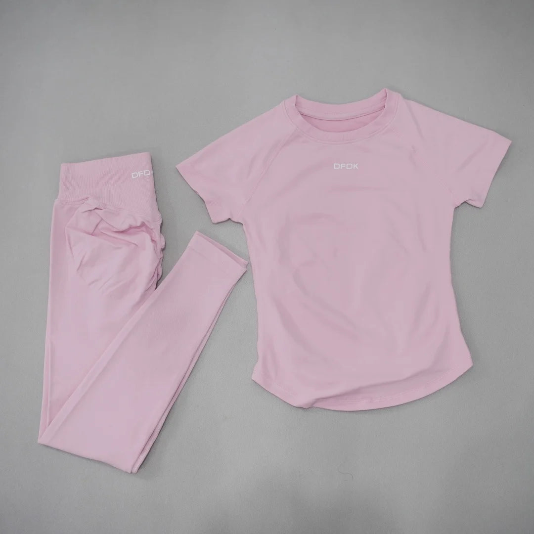 DFDK Ladies Seamless 2Pcs Yoga Set Short Sleeve Slim Top High Waist Leggings Quick Dry Breathable Gym Running Fitness Outfit