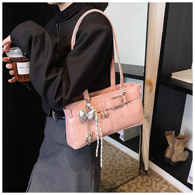 Belt Buckle Design Shoulder Satchels Bag for Women 2025 New in Luxury Designer Handbags Branded Fashion Totes with Pendant Сумка