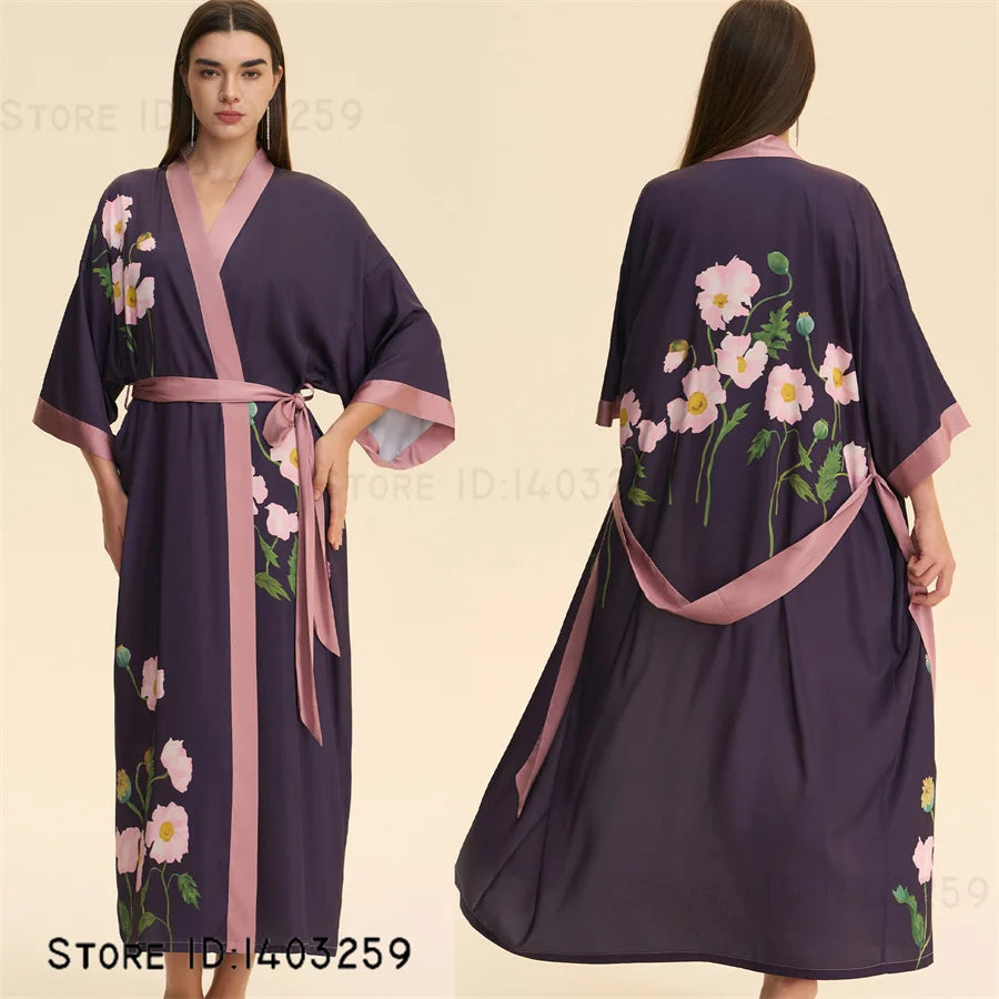 Plus Size Print Flower Long Robe Kimono Gown New Female Sleepwear Bathrobe Home Dress Loose Silky Satin Night Clothes Loungewear
