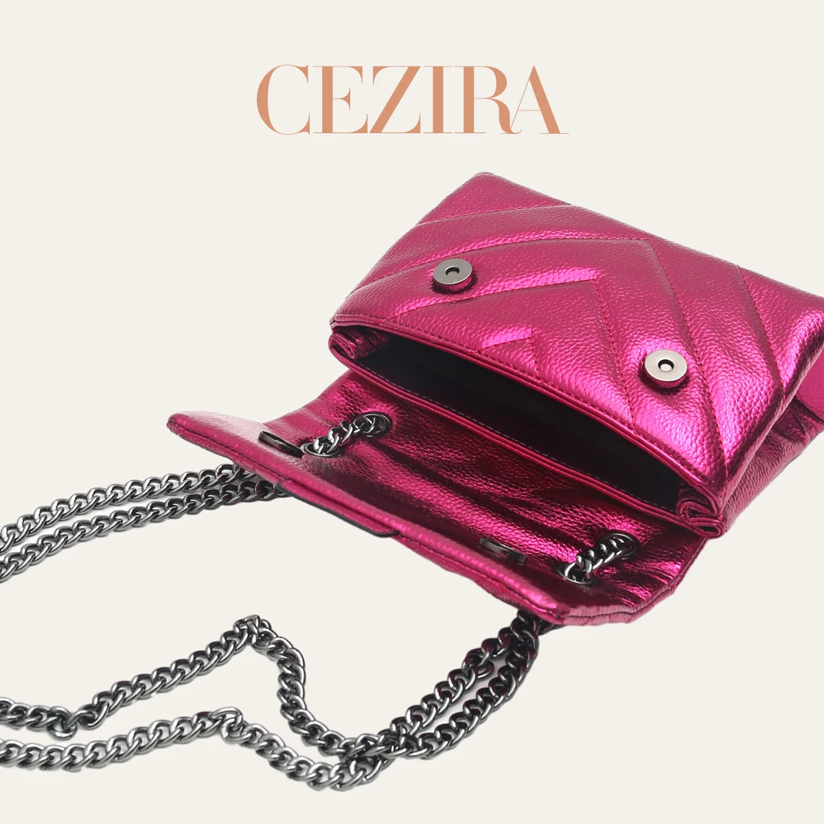 CR Fashion Metallic PU Vegan Leather Handbag For Women Luxury Quilted Flap Messenger Shoulder Bag Long Chain Purse Daily  Travel