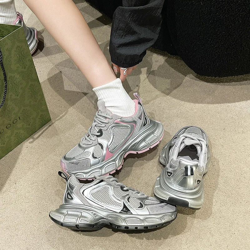New Thick Soled Fashionable Dad Shoes, Women's Spring and Autumn New Versatile Casual Shoes, Silver Pink Sports Trendy Shoes