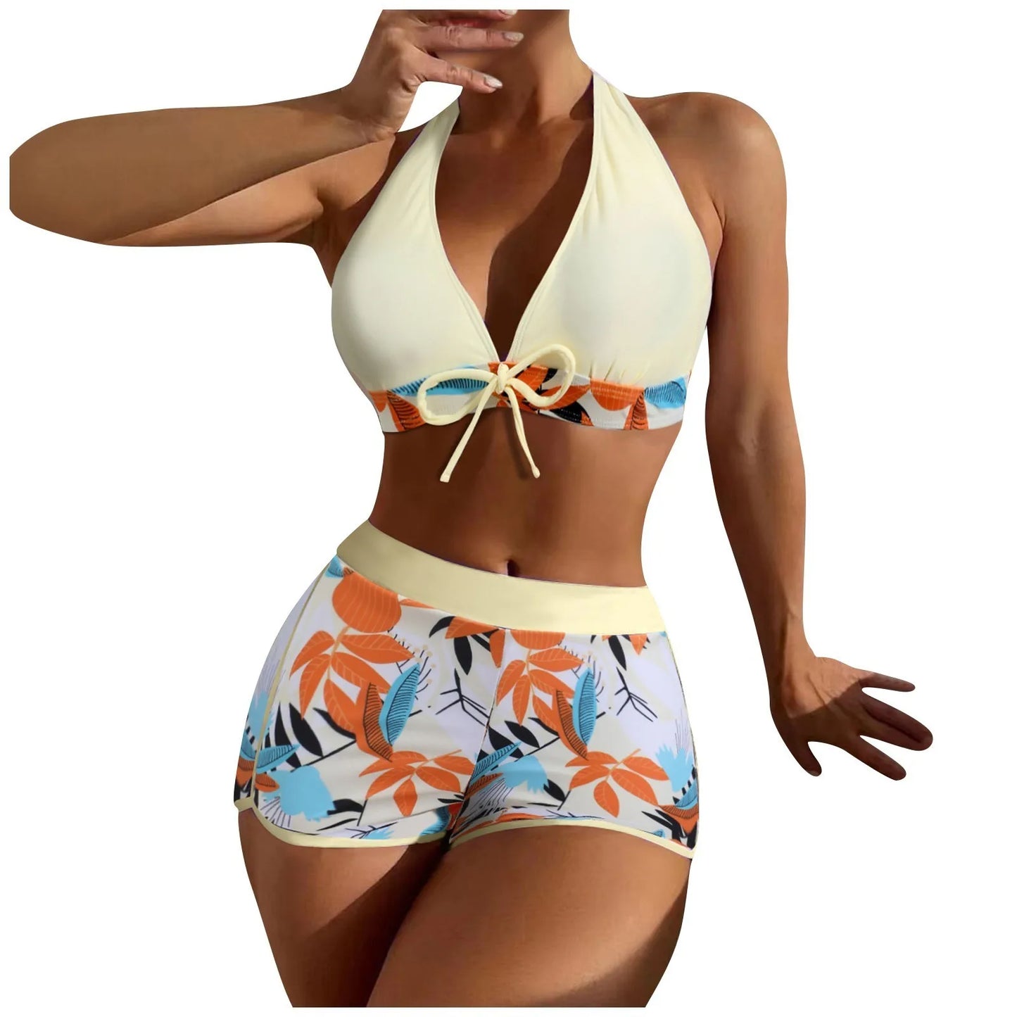 Shorts Bikinis Set  High Waist Swimsuit Women Swimwear  Plant Print Bathers Bathing Swim Suit Beachwear
