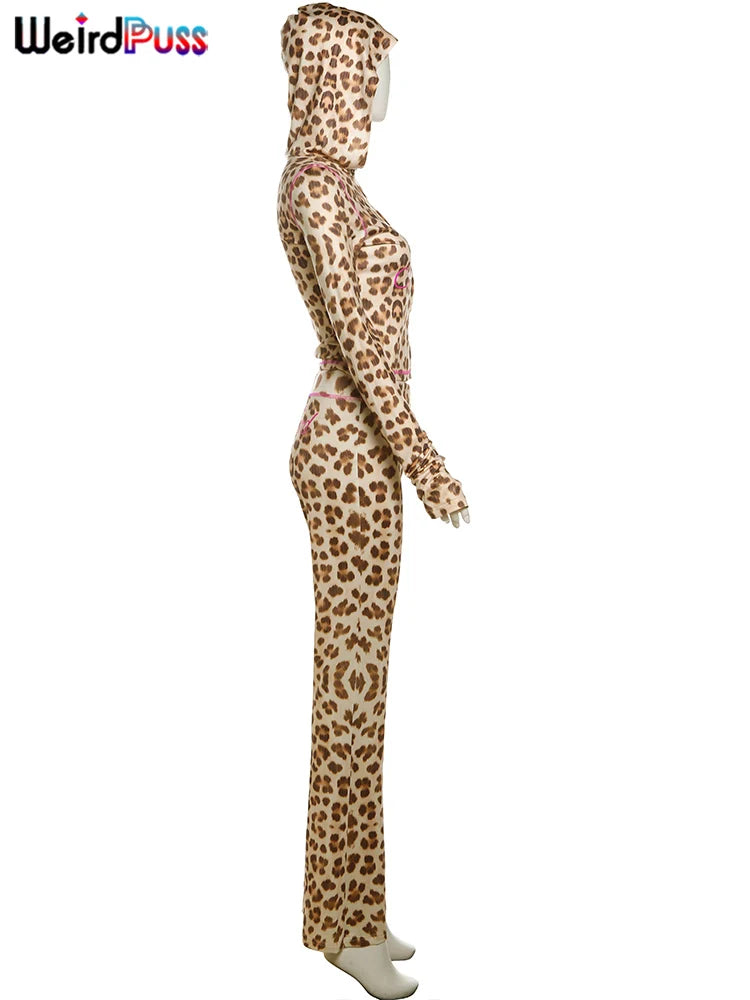 Weird Puss Leopard Contrast Letter Print 2 Piece Set Women Hooded Full Sleeve Crop Jacket+Skinny Stretch Flare Pants Trend Suits