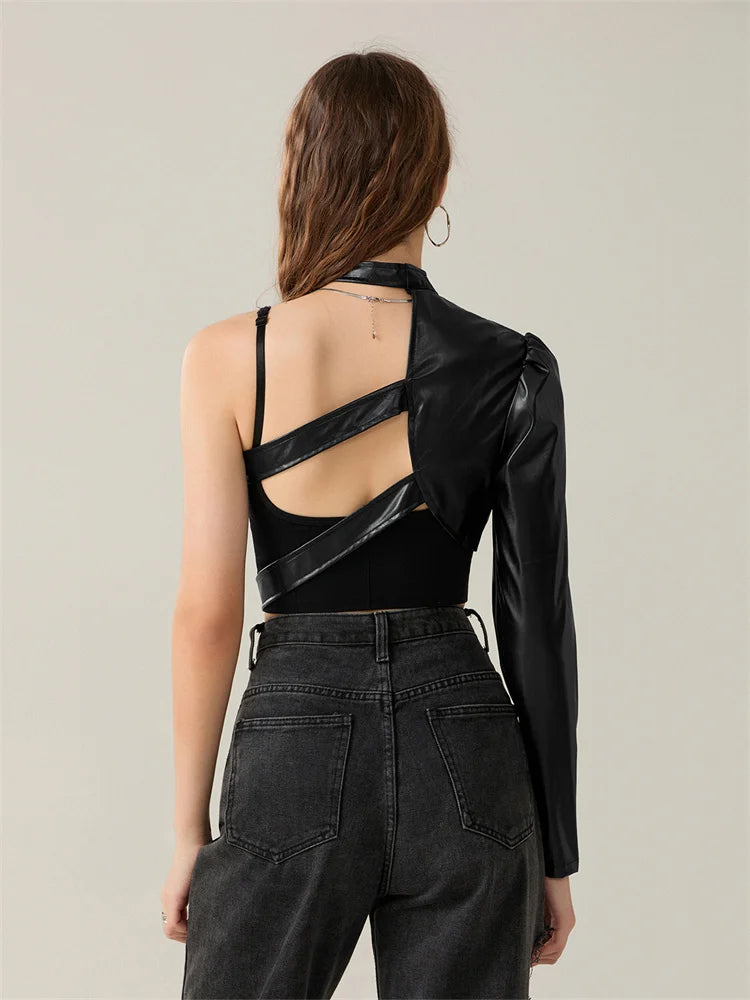 Women PU Leather Jackets Fashion Punk Gothic E Girl Y2K Crop Tops Single Long Sleeve Neck Hanger Buckle Belt Coat Outerwear