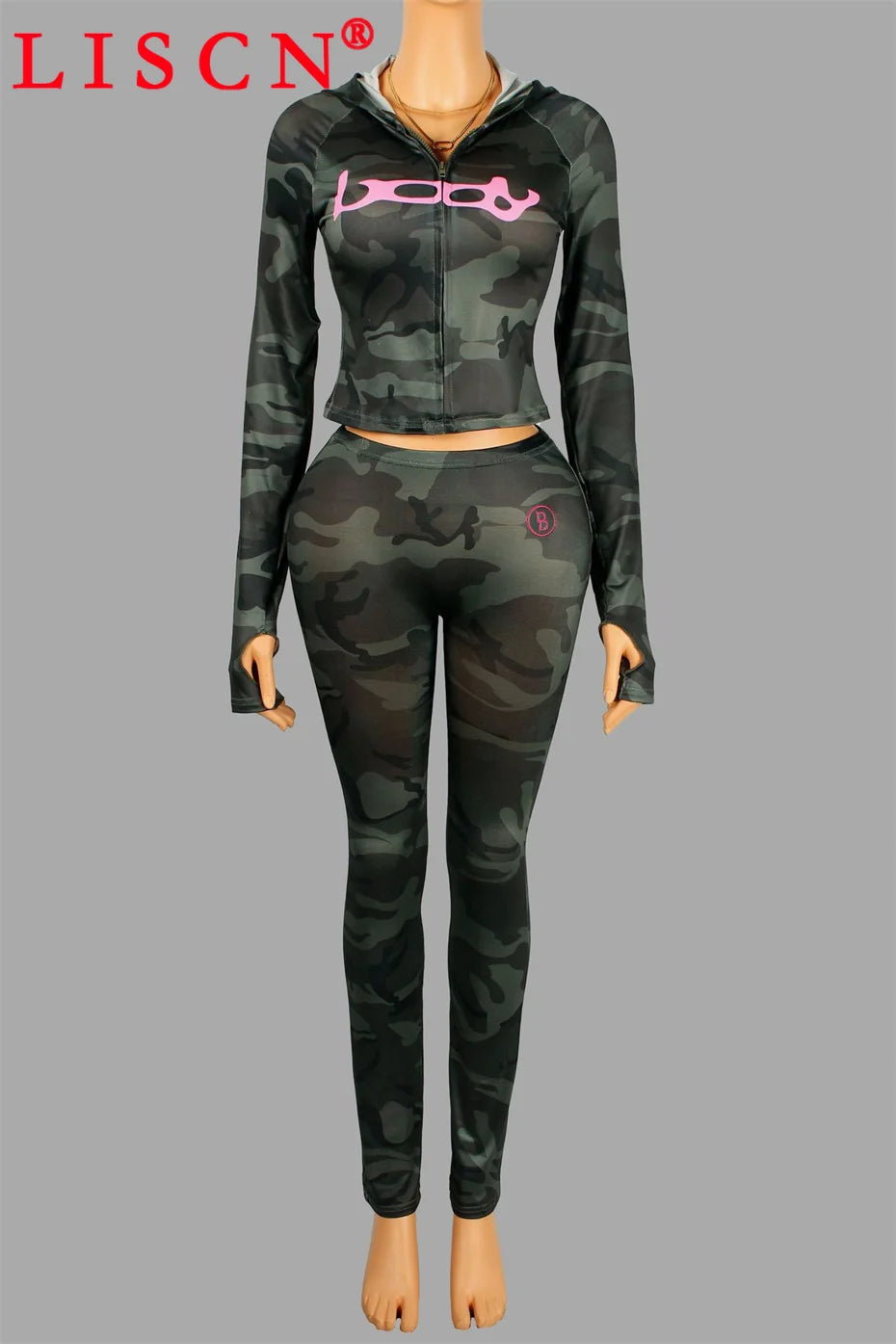 10 Wholesale Fall Tracksuits Camouflage Printing Two Piece Set Womens Outfits Slim Long Sleeve Hooded Jackets + Pants K15697_2