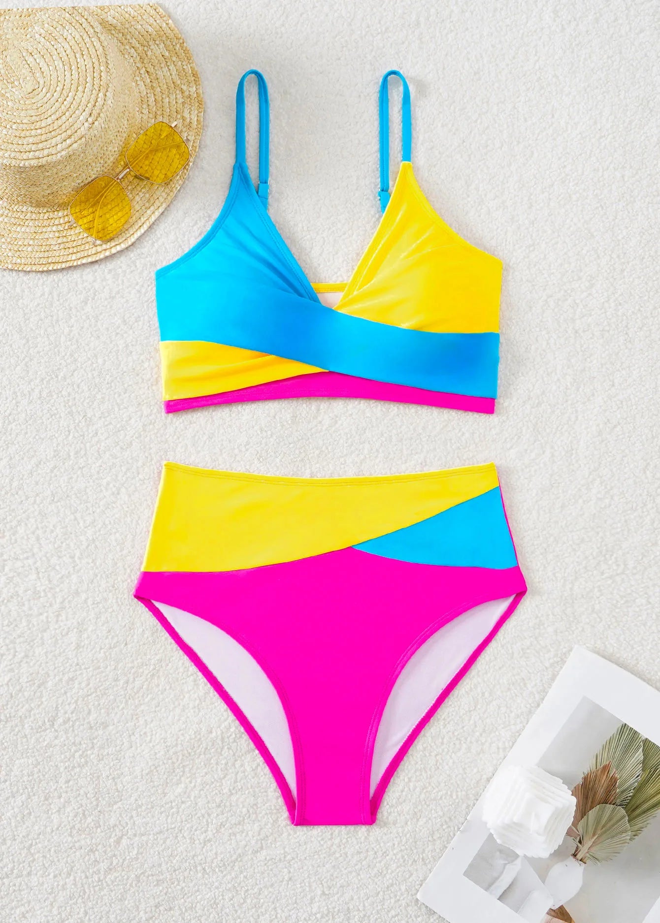 Rose Red Patchwork 2 Piece Swimsuit for Women,high Waist V-neck Suspender Backless Bikini Set,summer Beach Vacation Swimwear New