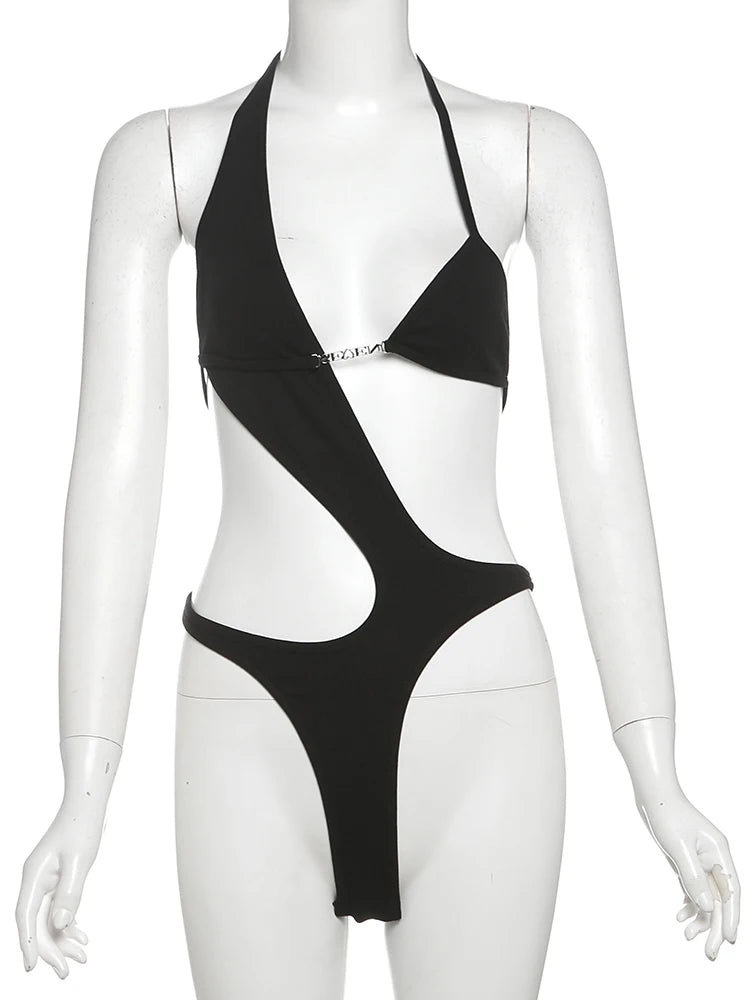 Weird Puss Sexy Bodysuit Women Asymmetry Halter Letter Chain Backless Waistless Hottie Skinny Stretch Street Clubwear Body Tops