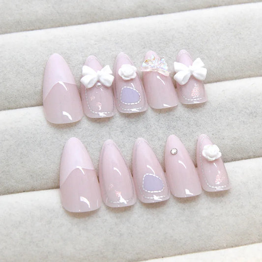 24pcs Pink White Girl Wearing Fake Nails with 3D Bow Design Shiny Pink French False Nails Wearable Full Cover Press on Nails