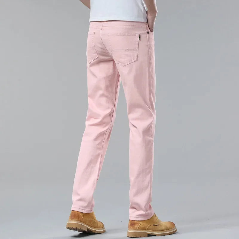 White Yellow Pink fashion 5 Color Men's Cotton Casual Pants Jeans Slim Straight Solid Color Business Trousers Four Seasons Brand