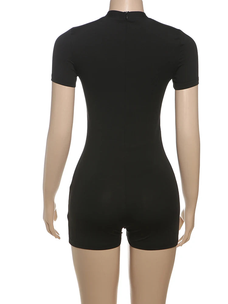 Weird Puss Letter Print Fashion Romper Women Body-Shaping  o-Neck Mini Sleeve Tight Peach Hip Casual Simple Workout Playsuits