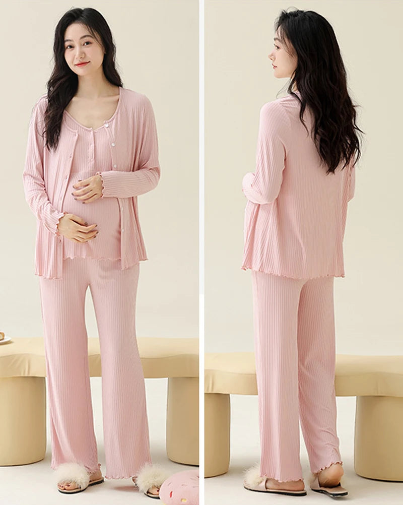 Pregnancy Comfort Pajamas Set Solid Color Long-sleeved Pants and Halter Vest Three-piece Maternity Nursing Homewear Sleepwear