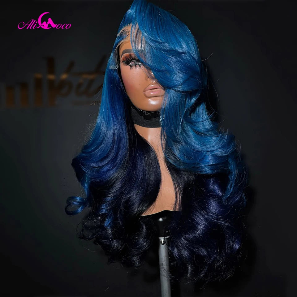 Ombre Dark Blue Body Wave Human Hair Wigs 13x6 13x4 Lace Frontal Wig Pre Plucked 7x5 Glueless Wig 180 Density For Women