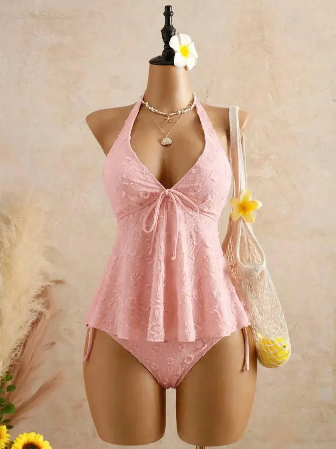 Sexy Front Tie Bikini Set 2026 Pink White V Neck Tank Top Tie Side Thong Swimsuit Summer Bathing Suit Holiday Two Piece Swimwear