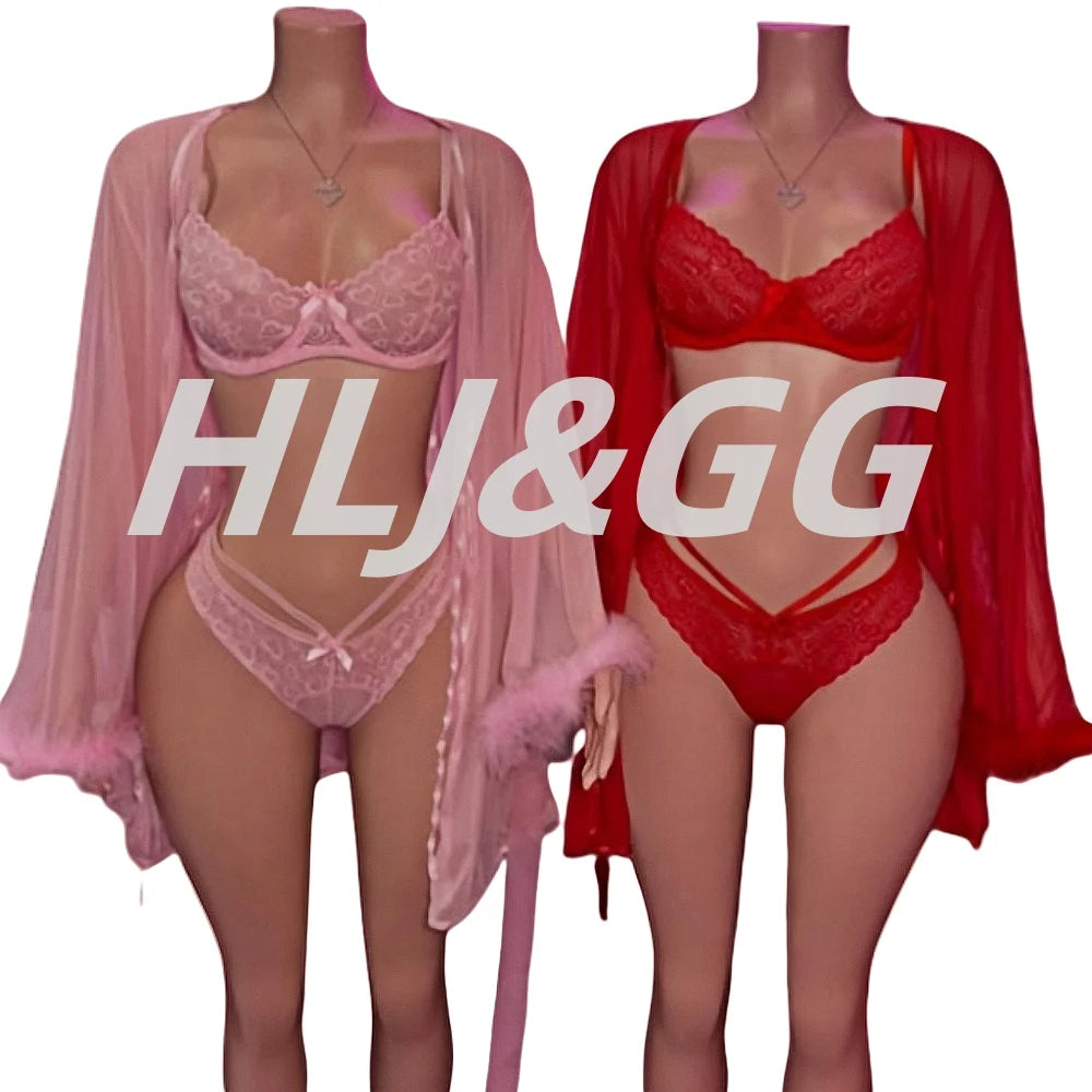 HLJ&GG Sexy Lace See Though 3 Pieces Home Nightgown Sets Women Bra + Thong + Feather Cuffs Long Sleeve Kimino Robe Outfits 2025