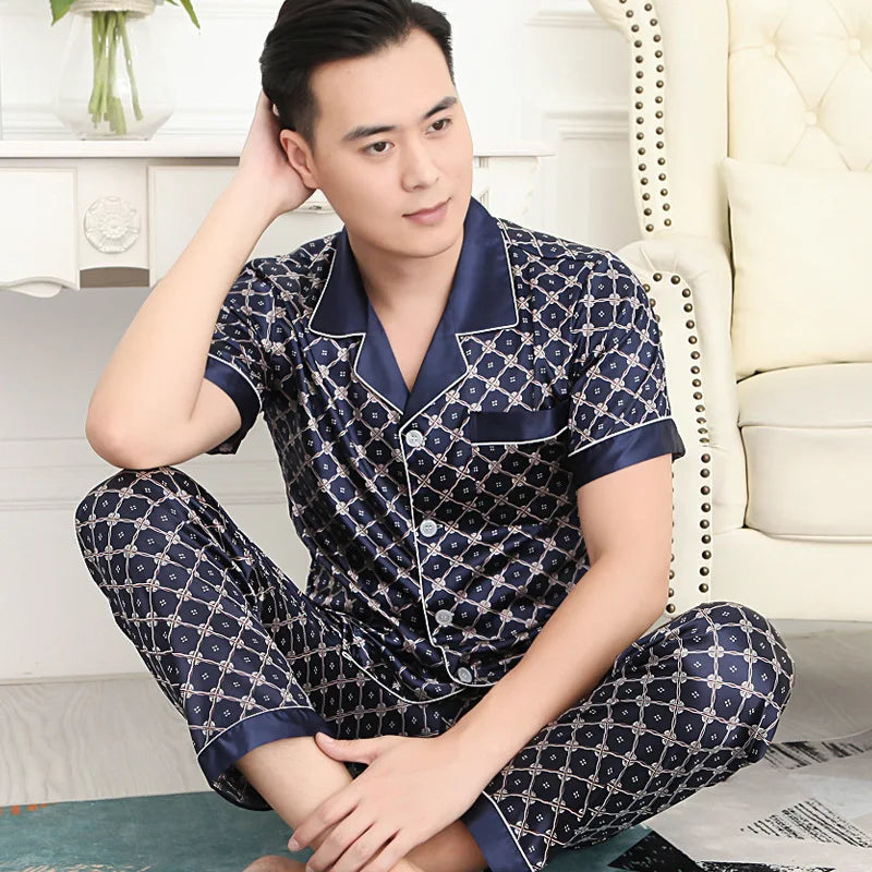 Silk Satin Pajamas for Men Sleepwear Cozy Soft Print Long Sleeve Nightgown Tops + Trousers Two Pieces Mens Pajama Set