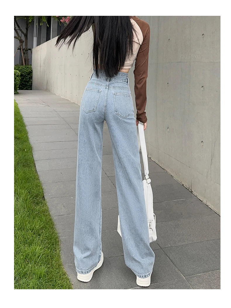 OUSSYU Woman Jeans High Waist Straight Wide Leg Cotton Denim Clothing Blue Streetwear Vintage Fashion Harajuku Women Trousers