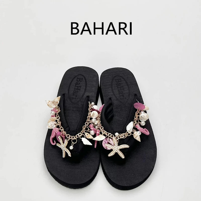 Women's Summer Bohemian Seaside Vacation Slippers Outside Pinch Beach Shoes Fashion Platform Slippers Flip-flops
