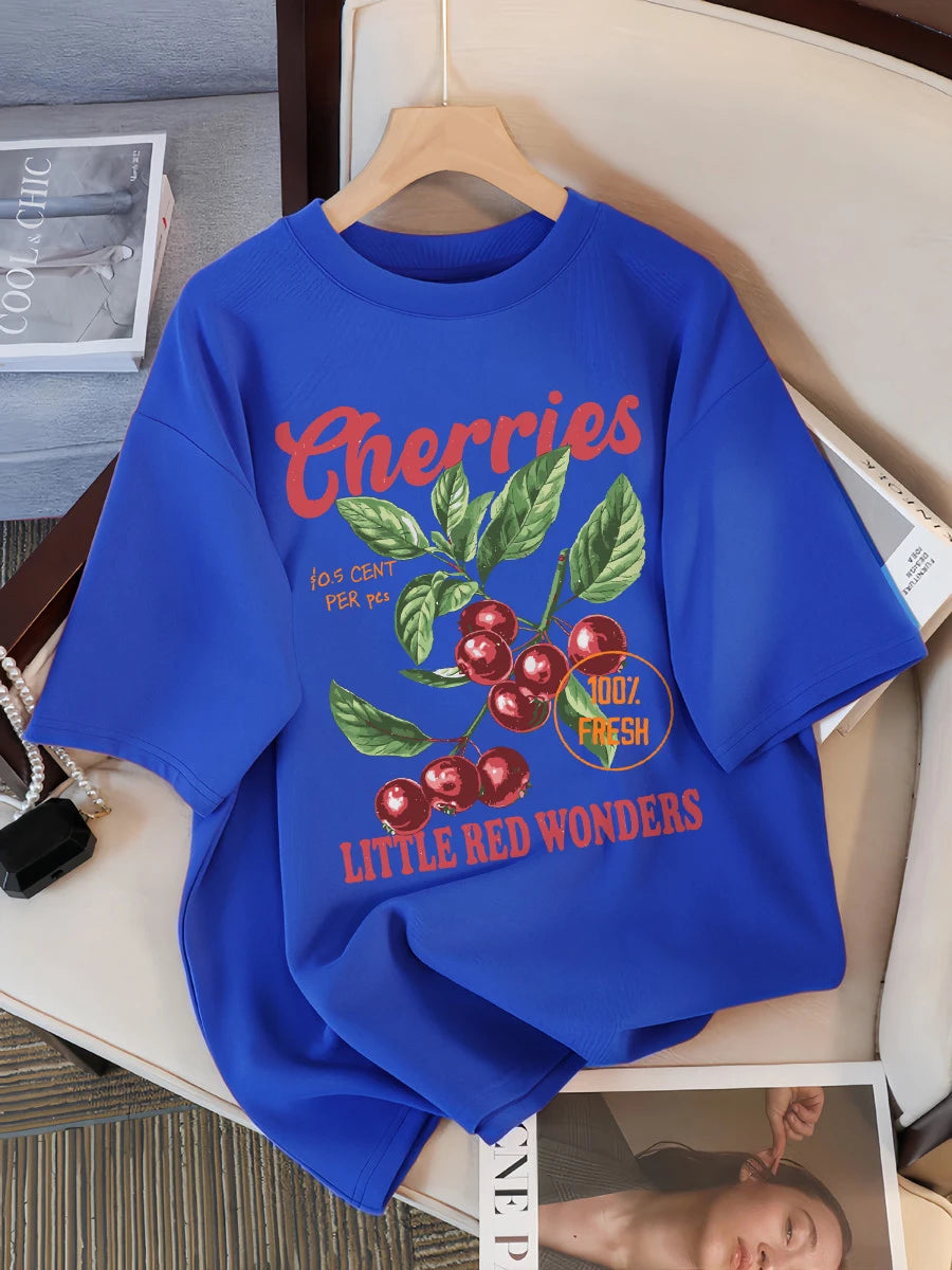 Cherries 100% Fresh Little Red Wonders Design Women T-Shirt Casual Loose T Shirts Hip Hop Cotton Sportswear Summer Soft Top
