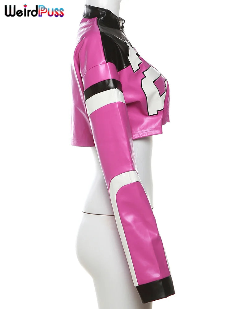 Weird Puss Faux Leather Varsity Jacket Women Hipster Letter Print Autumn Casual Sporty Wild Streetwear Uniform Trend Crop Coat