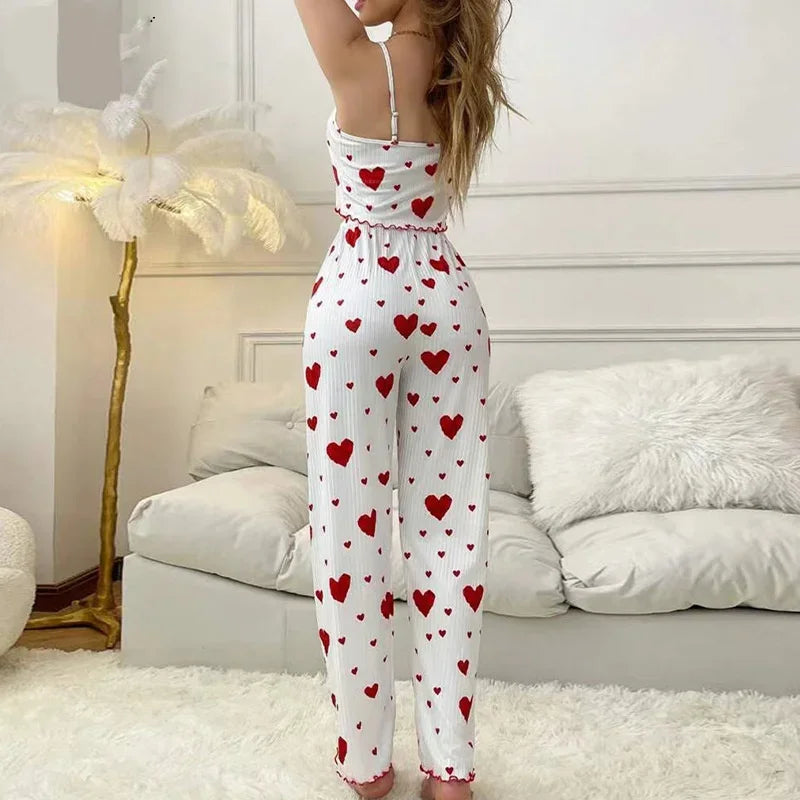 Autumn Winter Pajamas for Women Sleepwear Heart Print Sleeveless Cami Tops with Long Trouser 2 Pieces Set Loungewear