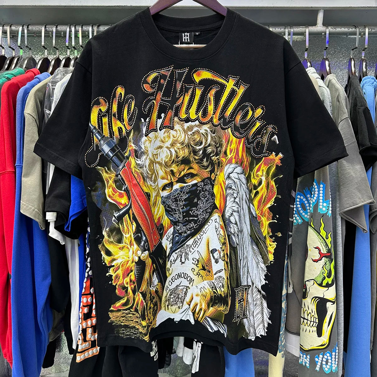 Praying Angel Shinning Diamond Cotton Short Sleeve Tshirts for Men and Women Crew Neck Loose Summer T-shirt Oversized Tees