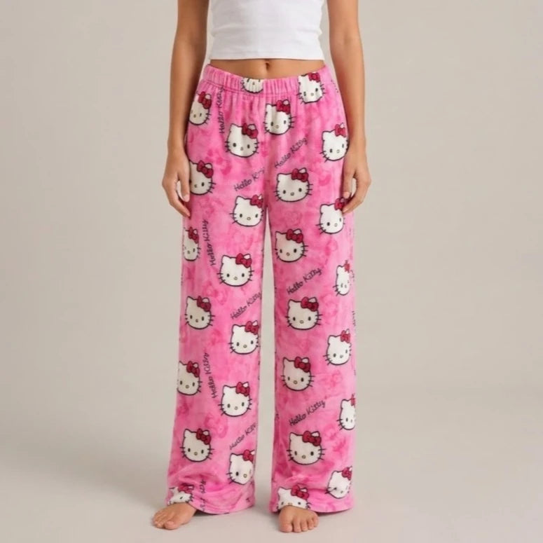 Hello Kitty Fleece Coral Pajama Pants Soft Trousers Women Casual Home Trousers Anime Cartoon Birthday Gift