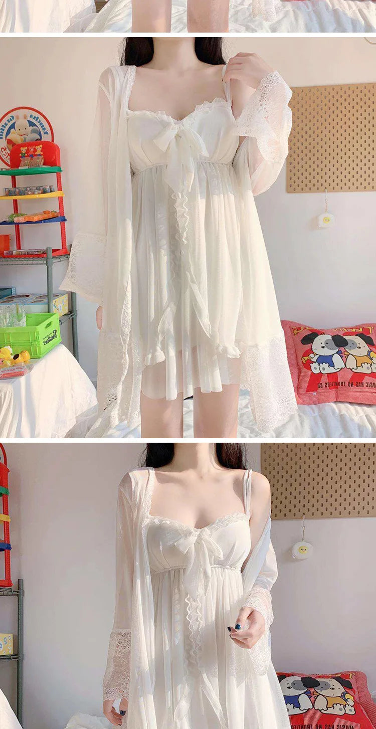 Summer Sexy Pajamas with Breast Pads Female Lace Pajamas Robe Gown Set Sexy Sleepwear White Lace Night Gown  Lingerie for Women
