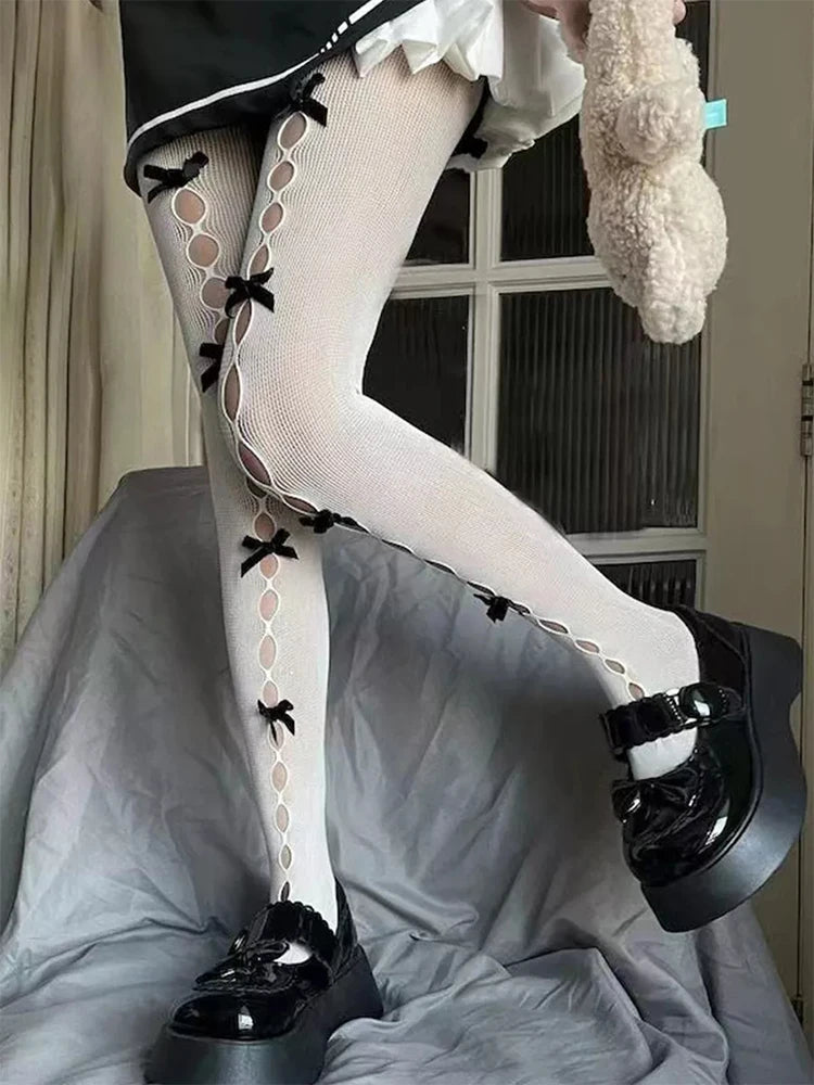 Sexy Lace Bow Patchwork Stockings Women Bodycon Elastic See Through Slim Pantyhose Party Club Sexy Y2K Hollow Out Tights Ladies