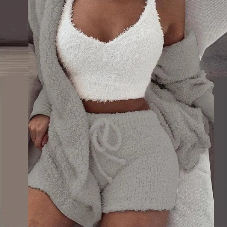 Fluffy Pajamas Set for Women Casual Sleepwear Tank Top and Shorts Plus Size Hoodie Leisure Homsuit Winter Teddy 3 Pieces Pijamas