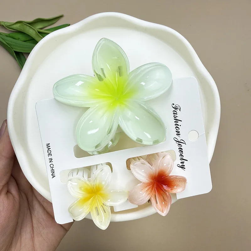 3Pcs Sweet Colorful Plumeria Flower Shark Clip Hair Claw Bohemian Ponytail Clip Plastic Hairpin Barrette Summer Hair Accessories