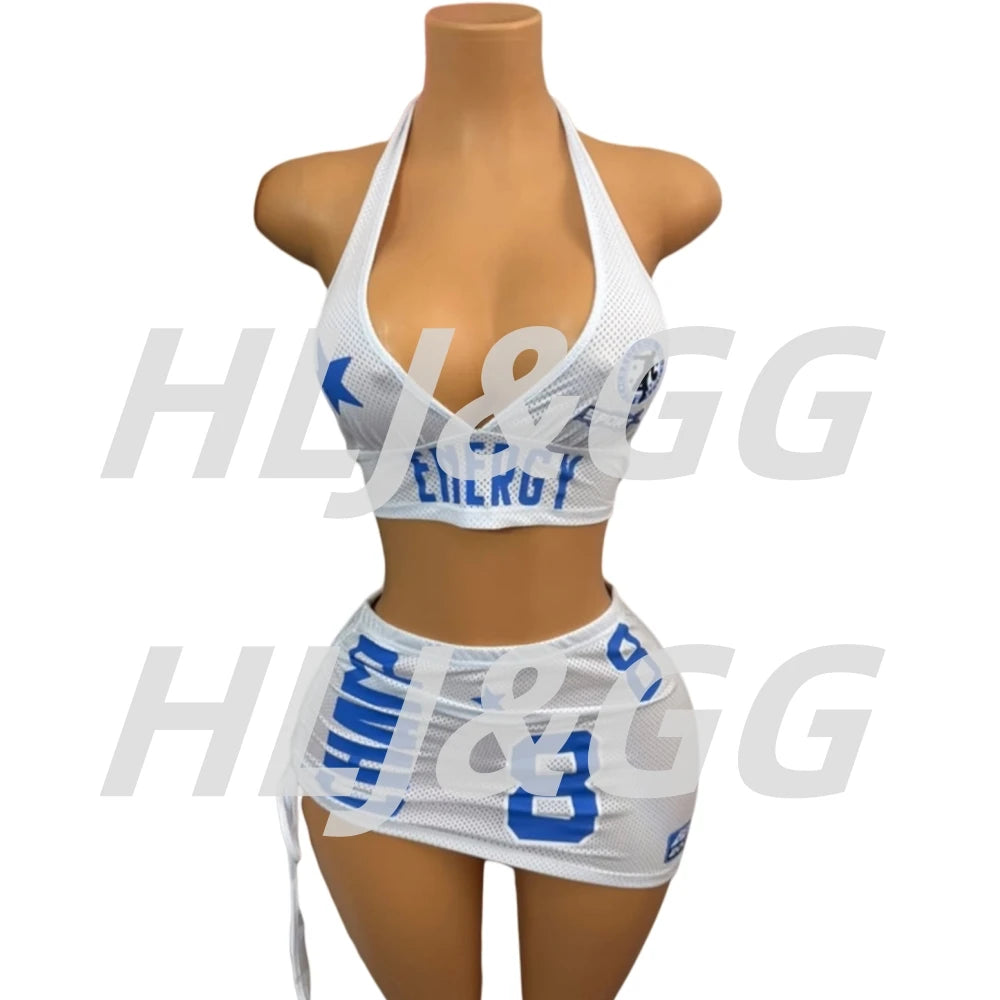 HLJ&GG Y2K Fashion Letter Print Mesh Hollow Two Peice Sets Women Deep V Halter Sleeveless Backless Crop Top+Mini Skirts Outfits