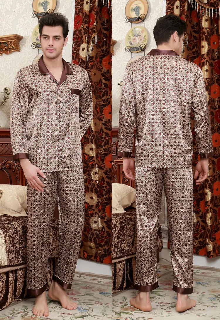 Silk Satin Pajamas for Men Sleepwear Cozy Soft Print Long Sleeve Nightgown Tops + Trousers Two Pieces Mens Pajama Set