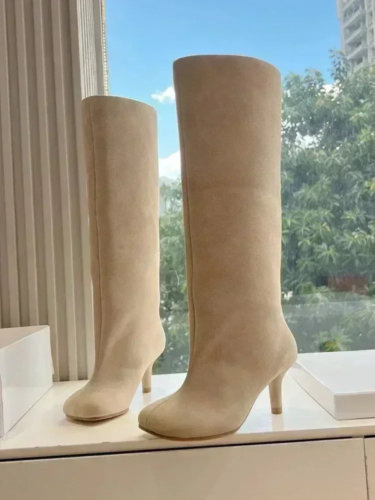 2025Autumn and Winter New 6cm Slim High Heels Knee High Women's Boots Round Toe Fashionable Women's Long Boots Knight Boots