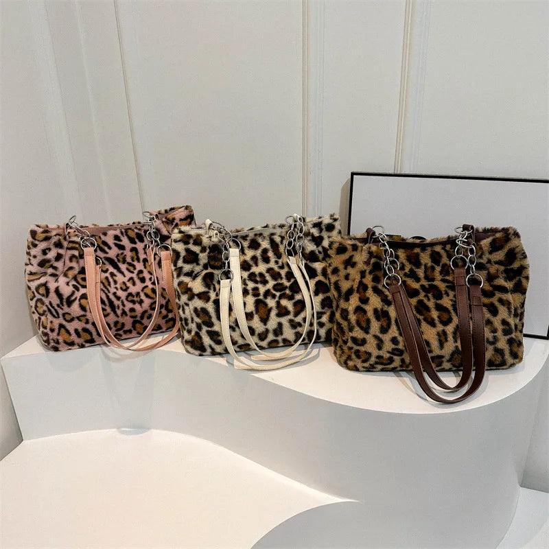 National Style Simple Women Leopard Tote Bag Lady Luxury Fluffy Shoulder Bag Chain Large Capacity Commuter Handle Bag