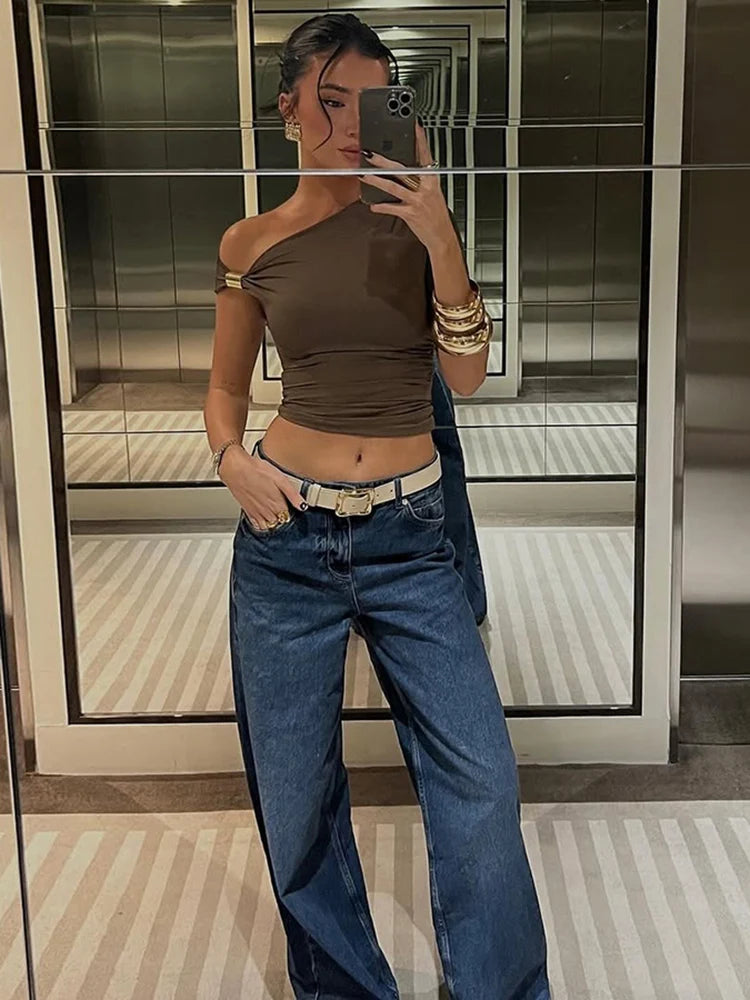 Weird Puss Irregular Off Shoulder T-Shirts Women Ruched Fashion Skew Collar Single Sleeve Daily Casual Solid Simple Streetwear