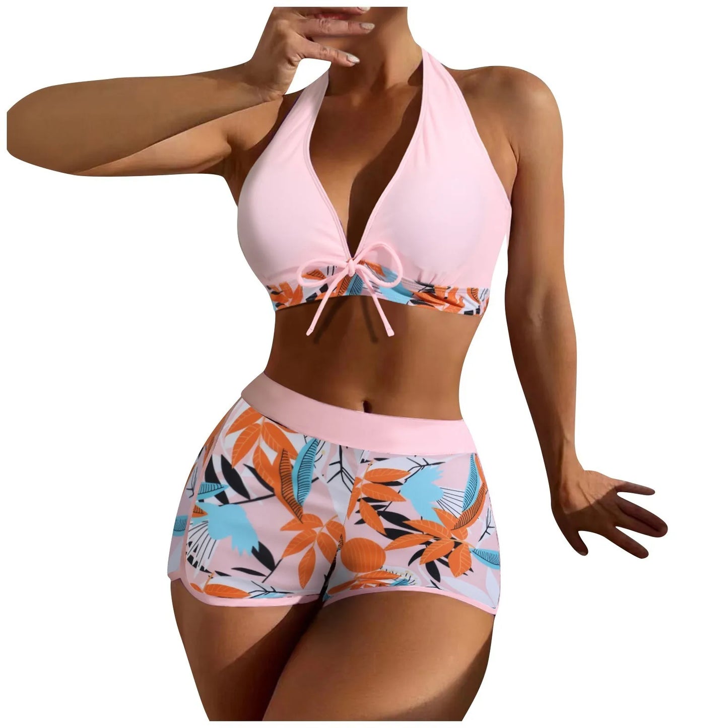 Shorts Bikinis Set  High Waist Swimsuit Women Swimwear  Plant Print Bathers Bathing Swim Suit Beachwear