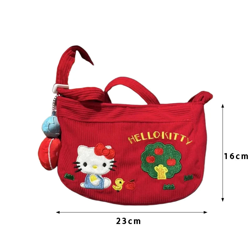 Kawaii Retro Red Cartoon HelloKitty Crossbody Bag Cute Japanese Girl Fashionable Corduroy Shoulder Bag Storage Bag Children Gift