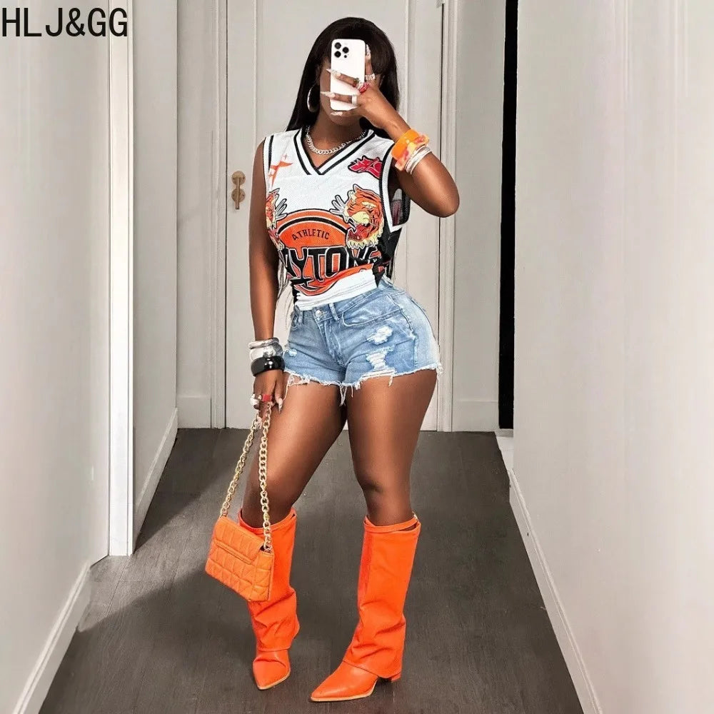 HLJ&GG Fashion Y2K Letter Print Loose Tshirts Two Piece Sets Women Round Neck Sleeveless Top And jeans Shorts Outfits Streetwear