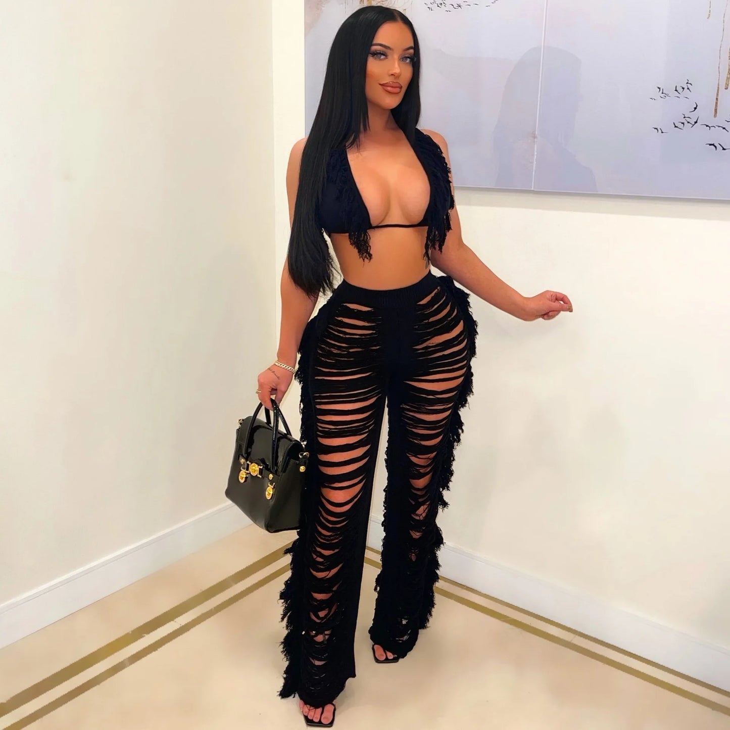 Summer Tassel Club Pants Outfits Set Sexy Women Backless Two Pieces Party Matching Set Top+Hollow Out Pants