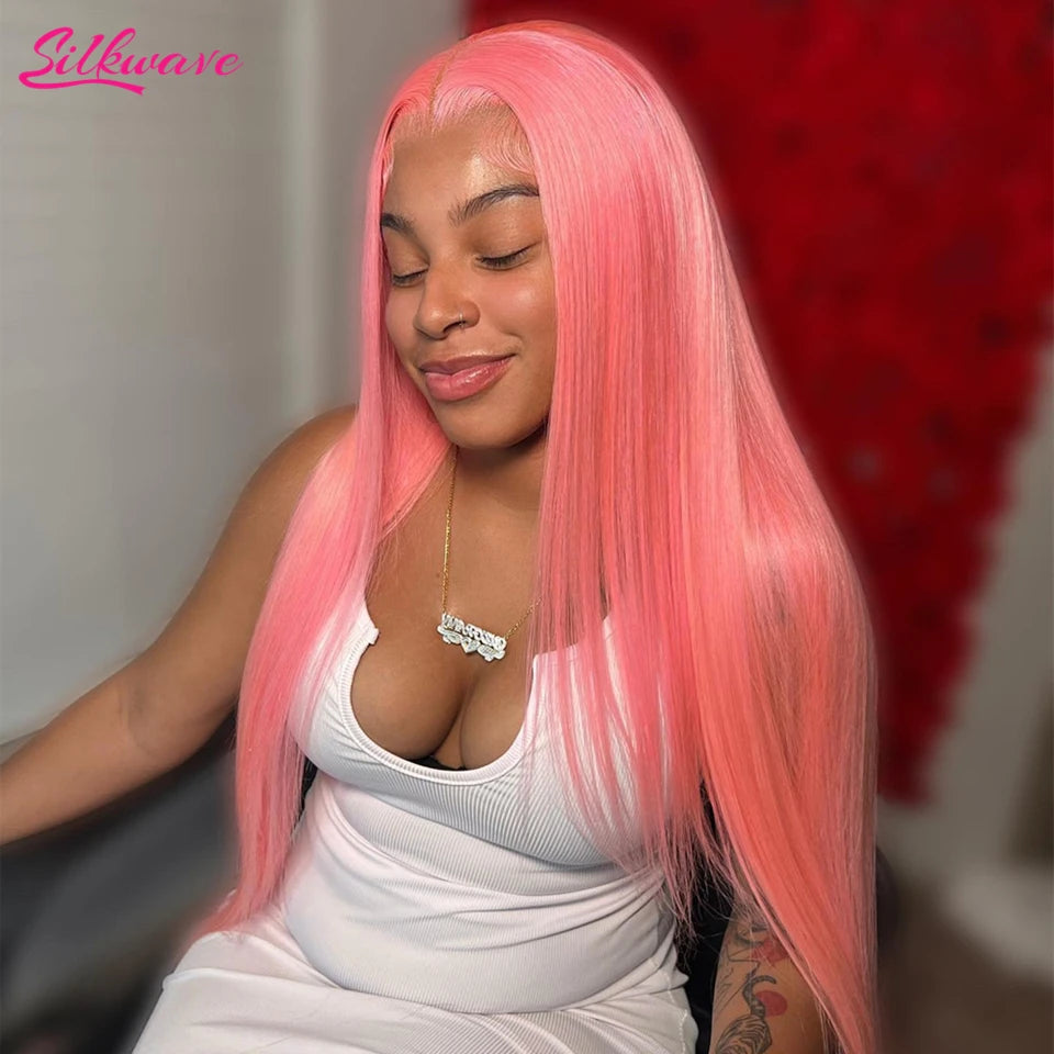 Silkwave 13x6 Hd Pink Lace Frontal Wig Human Hair Preplucked Brazilan Bone Straight 13x4 Lace Front Pink Colored Wig For Women