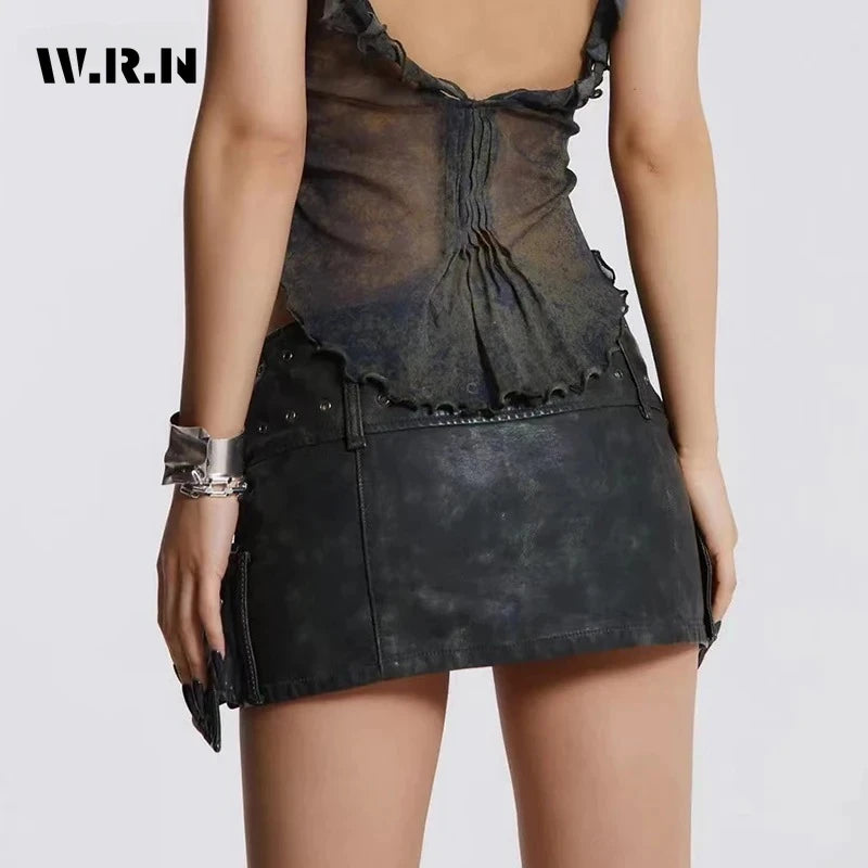2024 Spring Casual Retro Style Sashes Y2k Fashion Leather Skirts Women's Vintage High Waist Slim Fit A-line Hotsweet Mini Skirt