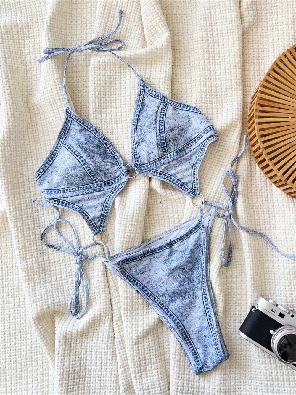 Denim Print Bikini Micro Rings Trikini Extreme String Monokini Backless Y2K Swimsuit Women Halter Beach Outfit Vacation Swimwear