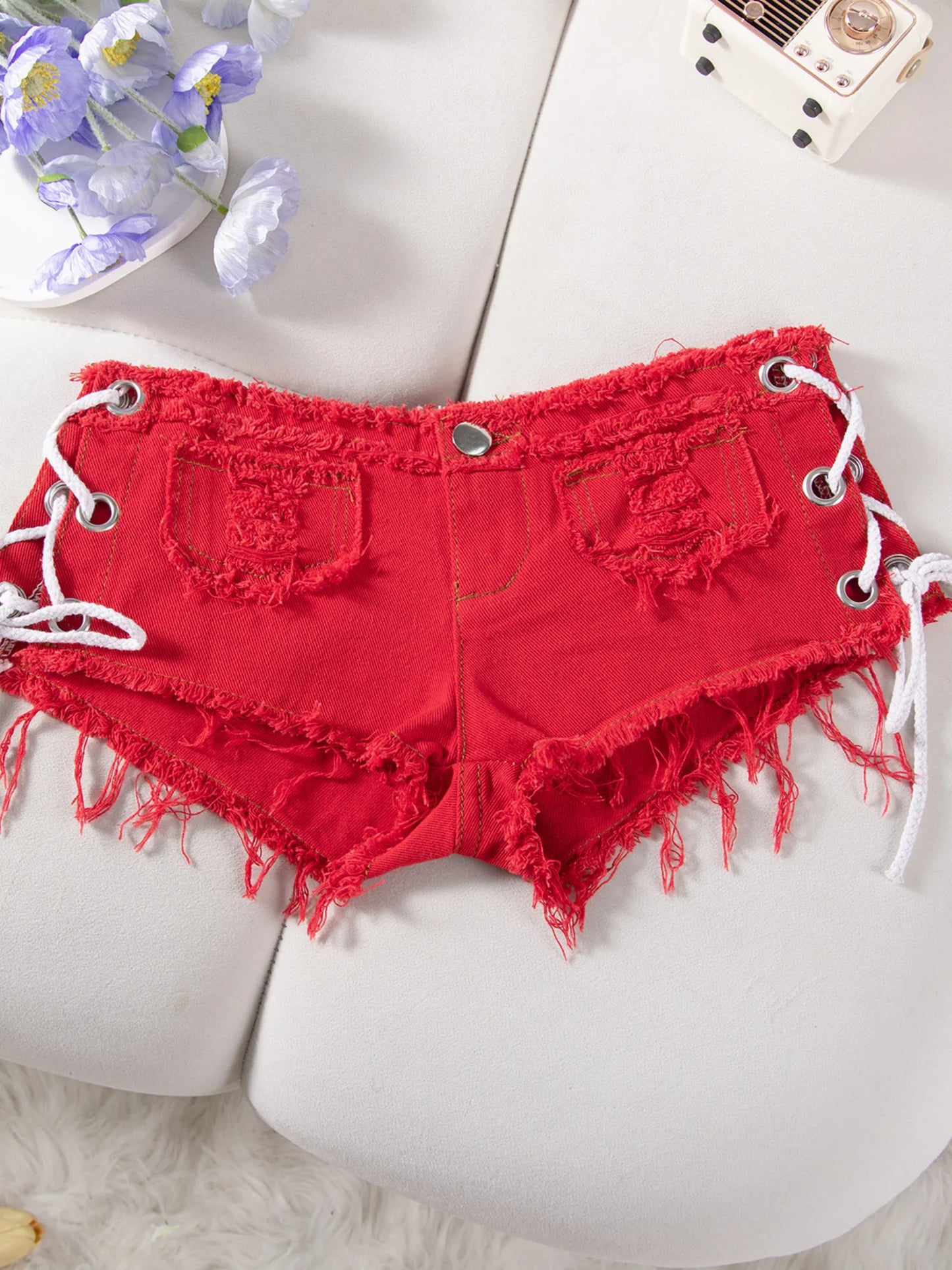 Women Low Rise Denim Shorts Side Lace Up Ripped Frayed Hem Y2K Summer Hot Pants Sexy Streetwear 2026