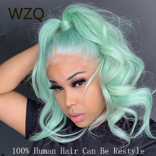 Straight Lace Front Wigs 180% HD Transparent Lace Frontal Wig Brazilian Remy Hair Wig 13x4 Mint Green Short Bob Wigs Human Hair