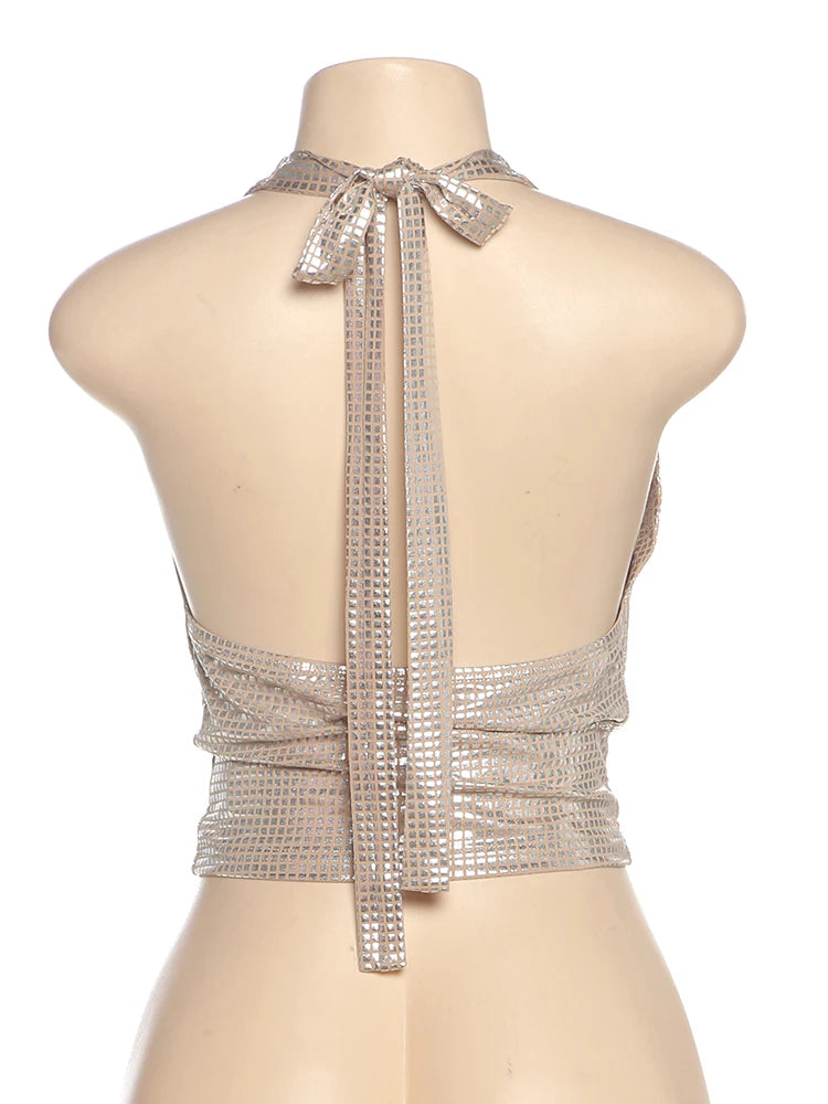 Weird Puss Sequins Backless Sexy Tank Tops Swing Collar Summer Sleeveless Pleated Lace-Up Halter Party Streetwear Skinny Vest