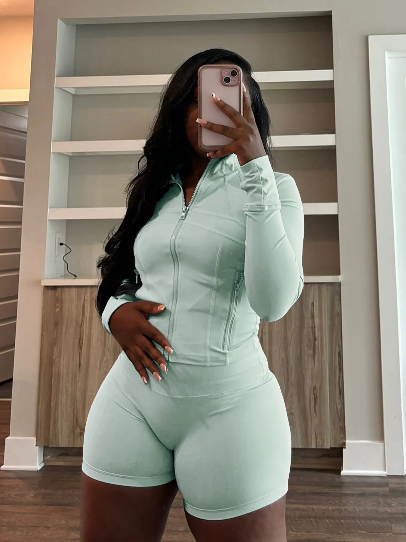 HLJ&GG Casual Sporty Skinny Shorts Two Piece Sets Women Zip Long Sleeve Slim Top + Shorts Outfits Summer New Stretchy Tracksuits